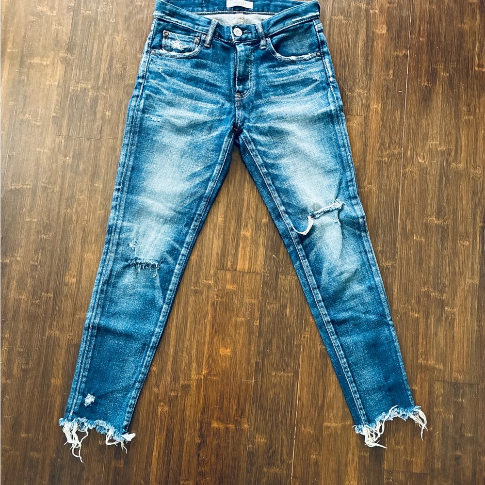 Moussy Vintage Distressed Blue Frayed Hem Ankle Skinny Jeans, Sz 25